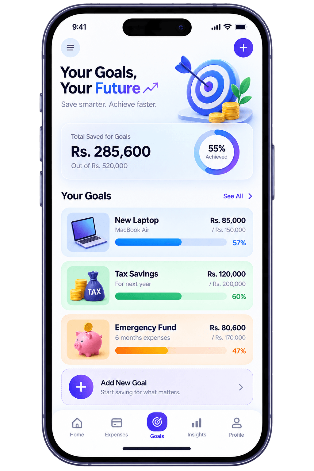 The Expense Trackee goals screen tracking savings progress across four targets