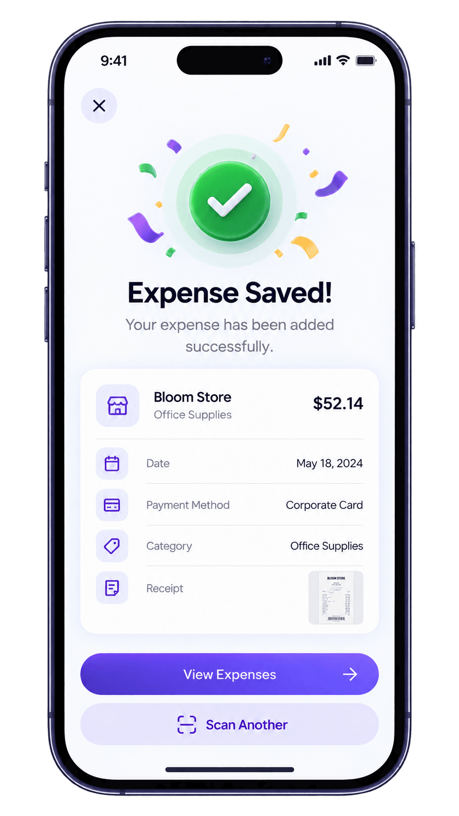 Expense Trackee confirming that a scanned receipt was saved as an expense